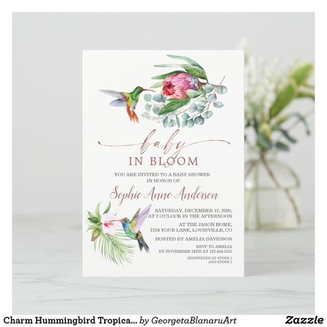 Hummingbird Invitations, Hummingbird Baby Shower Theme, Baby In Bloom Invitation, Hummingbird Wedding, Watercolor Hummingbird, Tropical Baby Shower, Baby In Bloom, Baby Birth Announcement, Baby Shower Flowers