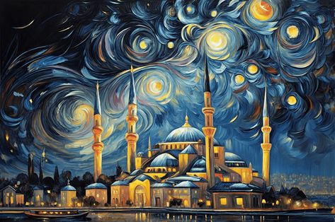 Istanbul in the style of The Starry Night. Starry Night Landscape, Car Horn, Night Landscape, Starry Night Van Gogh, The Night Sky, Unique Image, Twinkle Lights, Night Sky, Night Skies