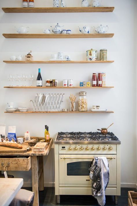 Blank Wall In Kitchen, Decorate A Blank Wall, Cheap Kitchen Renovations, Large Blank Wall, Wall In Kitchen, Small Studio Apartment Decorating, Reclaimed Wood Paneling, Light Wood Kitchens, Kitchen Shelving