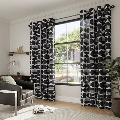 Black And White Curtains Living Room, White Bedroom Curtains, Drapes For Dining Room, Black And White Curtains, White Curtains Living Room, Light Filtering Window Treatments, Pattern Bedroom, Patterned Curtains, Black And White Bedroom