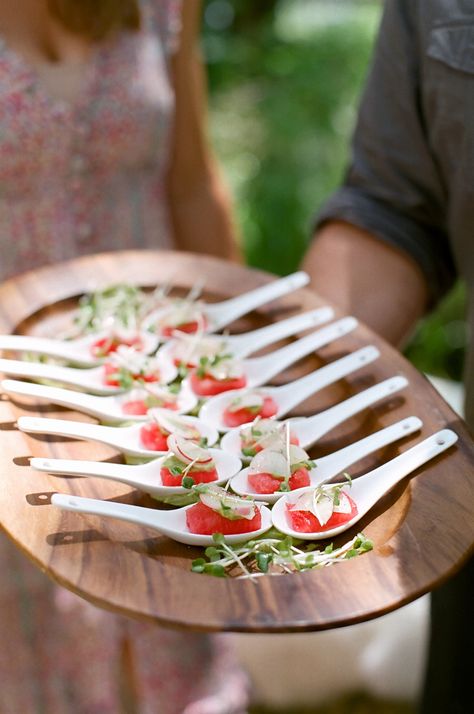 View entire slideshow: Cocktail+Hour+Appetizers on http://www.stylemepretty.com/collection/2502/ Spiked Watermelon, Wedding Appetizers, Appetizer Menu, Watermelon Salad, Appetizer Bites, Catering Food, Evening Meals, Wedding Catering, Morning Food