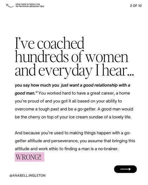 When you’re overly focused on wanting a relationship, you become very attached to the outcome. You feel like you need it and it influences the way you show up with men. It’s a very desperate energy and you can show up with a lot of convincing and controlling behavior. This is masculine “producing” and “results oriented” action that actually turns off most healthy masculine men. **Plus it attracts unhealthy feminine men that are takers, don’t want a relationship and just want to stay sur... Wanting A Relationship, Healthy Masculine, Controlling Behavior, Feminine Men, Masculine Men, Feminine Energy, A Relationship, Show Up, Self Improvement