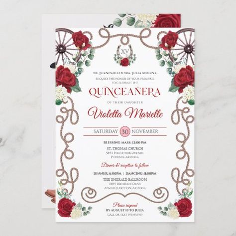 $3.10 | Red Roses Elegant Western Charro Quinceanera #elegant quinceanera, red floral, red rose, charro, charra, western, rustic elegant, cowboy boots floral, charra invitation, red quinceanos invite Charro Invitations, Quinceanera Red, Western Elements, Red Quince, Quince Invitations, Background Elements, Fall Birthday Parties, Quinceanera Invitation, Sweet Sixteen Invitations