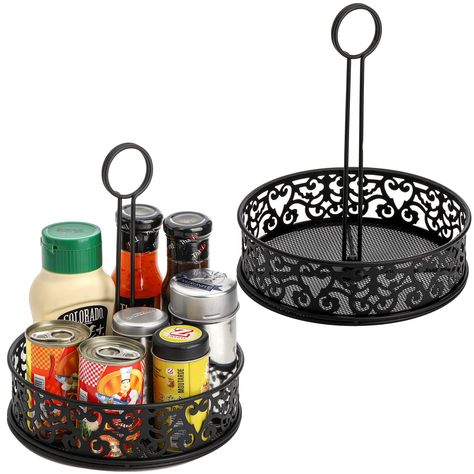 PRICES MAY VARY. Package Details: You will receive 2 pack condiment caddies, each caddy measures 8''D x 2.4''H, a compact storage solution to keep a clean serving table. Quality Material: Our sauce holder is made of premium metal, durable and not easy to deformed, simple black look matches any setup well. Build-on Card Holder: Our caddies collection includes an attached placeholder for table numbers, name tags, menus, or ads for daily special. Versatile Use: These seasoning organizer is perfect Table Caddy Restaurant, Cabinet Caddy, Table Caddy, Table Organization, Seasoning Organizer, Condiment Caddy, Restaurant Table, Condiment Holder, Serving Table