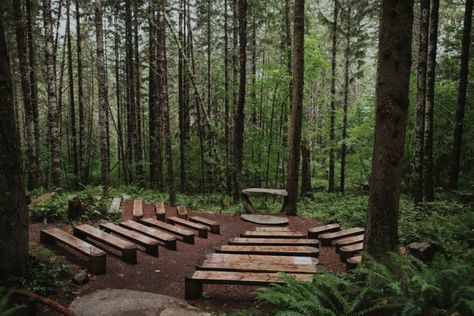 Cozy Mount Rainier Wedding at The Wellspring Spa Forest Wedding Ceremony, Forest Wedding Venue, Wooden Benches, Deco Table Noel, Rainy Wedding, Camp Wedding, Wedding Ceremony Decorations, Woodland Wedding, Wedding In The Woods