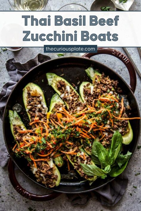 Healthy Dinner Recipes Ground Beef, Ground Beef Stuffed Zucchini, Beef Zucchini Boats, Healthy Stuffed Zucchini, Dinner Recipes Ground Beef, Basil Beef, Thai Basil Beef, Cooking With Ground Beef, Healthy Ground Beef