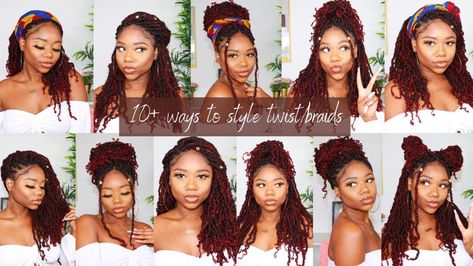 Different Ways To Style Twists, Spring Twist Styling Ideas, Ways To Style Spring Twists, How To Style Twist Braids Hairstyles, Ways To Style Twists Braids, How To Style Spring Twist, Styling Spring Twist Braids, Spring Twist Braids Long, Ways To Style Twists