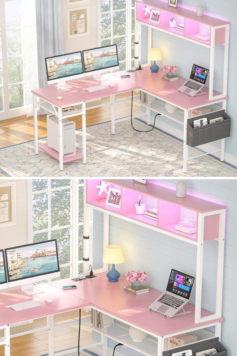 Unikito L Shaped Computer Desk with LED Strip and Power Outlets, Reversible L-Shaped Corner Desk with Storage Shelves and Bag, Industrial Home Office Desk Gaming Table with USB Port, Pink - Stylish and Functional Workspace Pink And Blue Pc Setup, Pastel Pink Gaming Setup, Pink Gaming Desk, Pink Purple And Blue Gaming Setup, Kawaii Pc Setup Pink, Pastel Desk, Industrial Style Desk, Industrial Home Offices, L Shaped Desk