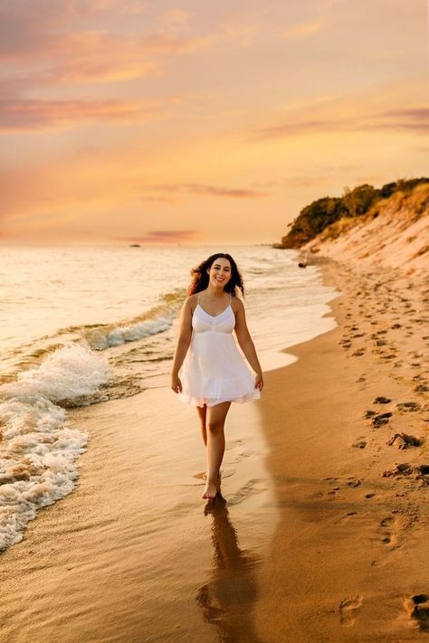 Senior Beach Pictures Outfits, Michigan Senior Photos, Summer Dress Poses Photo Ideas, Senior Picture Ideas Michigan, Lake Michigan Senior Pictures, Beach Pictures In A Dress, Beach Business Photoshoot, Sunset Beach Senior Photos, Beach Photoshoot Senior Pictures