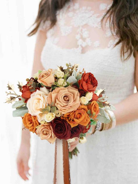 Burnt Orange Bridal Bouquet, Orange Peonies, Orange Bridal Bouquet, Orange Wedding Bouquet, Roses Orange, Orange Bouquets, Burnt Orange Weddings, Arrangement Ideas, Artificial Flower Bouquet