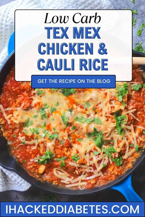 Low Carb Tex-Mex Chicken and Cauliflower Rice Keto Cauliflower Rice Recipes Low Carb, Chicken And Cauliflower Rice Recipes, Recipes With Diced Tomatoes, Chicken Cauliflower Rice, Chicken And Cauliflower Rice, Volume Eating, Chicken And Cauliflower, Cauliflower Alfredo Sauce, Cauliflower Rice Recipe