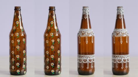 Simple bottle art - on beer bottle Painted Beer Bottles, Bottle Art Ideas, Simple Bottle Art, Easy Bottle Art, Art Ideas For Beginners, Beer Bottle Art, Bottle Decorations, Bottle Decoration, Bottle Craft