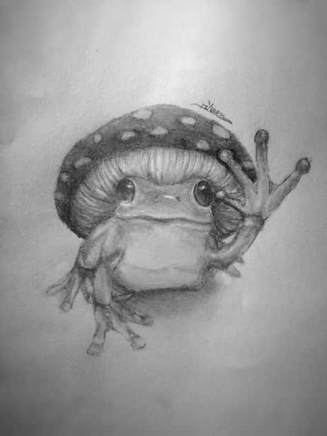 Pencil sketch of a frog with mushroom on his head and he says hi :) Frog With Mushroom Hat Tattoo, Frog Sitting On Mushroom Drawing, Frog With Mushroom Hat Drawing, Frog And Mushroom Drawing, Frog Mushroom Tattoo, Mushroom Hat Drawing, Frog Drawing Sketches, Frog Sketches, Frog With Mushroom Hat