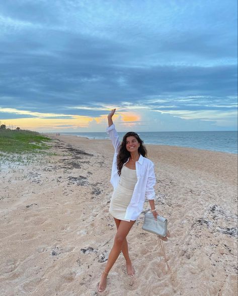 White button up shirt with beige dress Beach Outfit Button Up, Dress With White Button Down Shirt, White Button Down Shirt Beach, Button Up Dress Outfit, Vacay Aesthetic, Shirt Over Dress, Casual Beach Outfit, Shirt Outfit Summer, Resort Casual