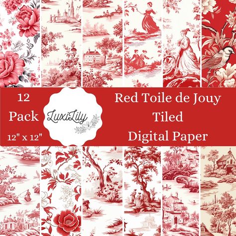 Seamless Red Toile digital paper, Toile de Jouy digital paper, Red Scrapbooking Paper Pack vintage wedding paper Pattern Printable Paper Set Cny Design, Red Chinoiserie, Christmas Dollhouse, Pretty Blankets, Red Toile, Chinoiserie Design, Pattern Printable, Blog Graphics, Paper Pattern