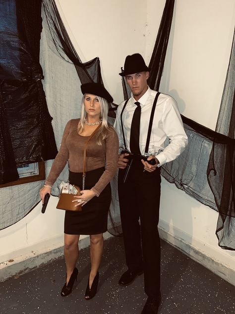 I used a pencil skirt that I had tucked away in my closet . We bought fake money & guns from the local Halloween store . Our hats , suspenders and shoes were bought from target! Bonnie And Clyde Costume, Bonnie And Clyde Halloween, Bonnie Costume, Bonnie And Clyde Halloween Costume, Couple Costumes For Halloween, Stitch Halloween Costume, Halloween Couple Costumes, Cool Couple Halloween Costumes, Halloween Costumes Diy Couples