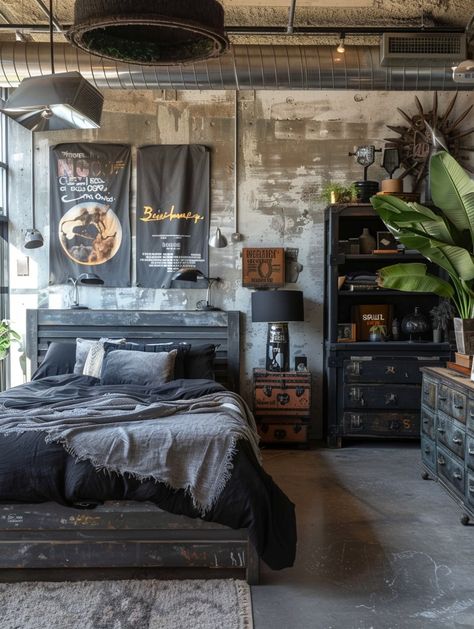 Bedroom Ideas for Men: Industrial Style Decor Inspiration – Bedroom Ideas and Inspirations | Magnolia 119 Industrial Small Bedroom, Modern Bedroom Design For Men, Feminine Industrial Bedroom, Decor Inspiration Bedroom, Bedroom Industrial Chic, Punk Bedroom, Inspiration Bedroom Ideas, Modern Vintage Bedrooms, Masculine Bedroom Design