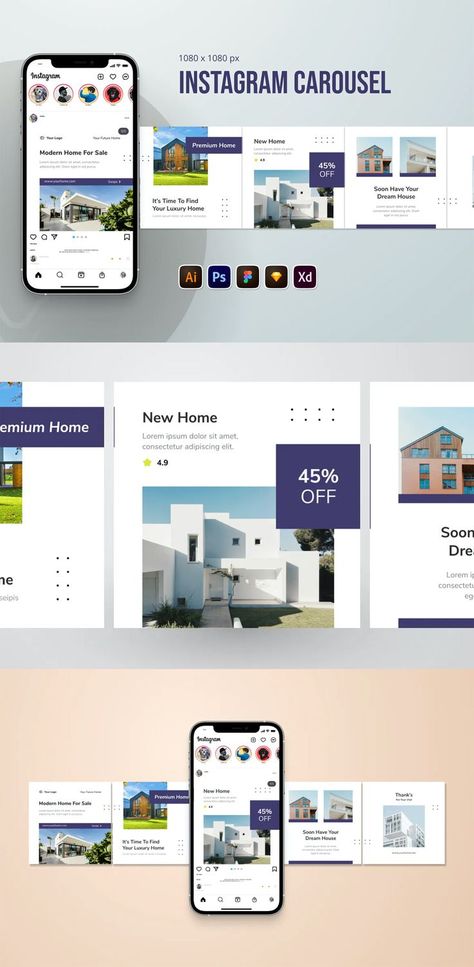 Real Estate Instagram Carousel Template PSD Carousel Design Ideas, Instagram Carousel Template, Instagram Carousel Post, Carousel Template, Carousel Design, Facebook Ads Design, Inmobiliaria Ideas, Carousel Post, Real Estate Instagram
