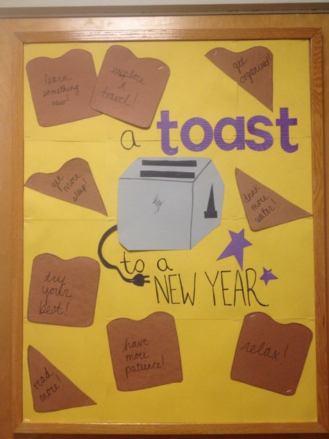 A Toast to a New Year January RA Bulletin Board Goal Setting Board, Cafeteria Bulletin Boards, Resident Assistant Bulletin Boards, College Bulletin Boards, Work Bulletin Boards, January Bulletin Boards, Ra Bulletins, Ra Boards, Ra Bulletin Boards