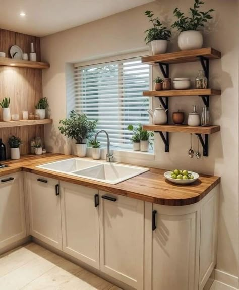 Small Kitchen Cottage, Desain Pantry, Small Kitchen Decor, Gorgeous Kitchens, Kitchen Inspiration Design, Tiny Kitchen, White Cabinets, Counter Top, Kitchen Style