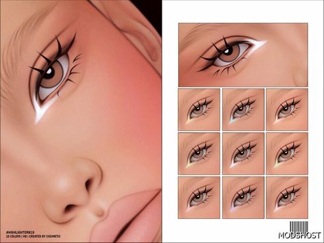 Download Inner Corner Highlighter 19 for Sims 4 at ModsHost NOW! Female 10 Swatches 10 Custom thumbnails You can find it in the makeup ( Eyeliner ) category Recoloring not allowed #female #sims #makeup #mods #eyeliner Sims 4 Makeup, Sims Makeup, Female Sims, Sims 4 Cheats, Sims 4 Cc Eyes, The Sims 4 Skin, Makeup Cc, Sims 4 Cc Makeup, Sims 4 Body Mods