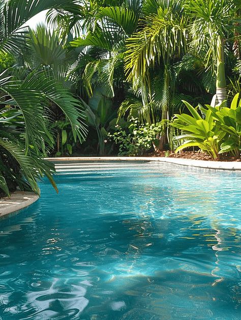 Pool Landscaping With Palm Trees, Palm Tree Garden Ideas, Backyard Layouts, Trees Near Pool, Tree Garden Ideas, Tropical Pool Aesthetic, Pool With Palm Trees, Pool Palm Trees, Palm Tree Garden