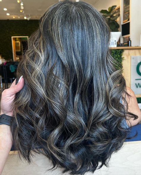 Gray Blending Dark Hair, Icy Blonde Ombre, Dark Hair Women, Black Hair With Grey Highlights, Blend Gray Hair, Cool Blonde Balayage, Subtle Blonde, Grey Brown Hair, Blonde Babylights