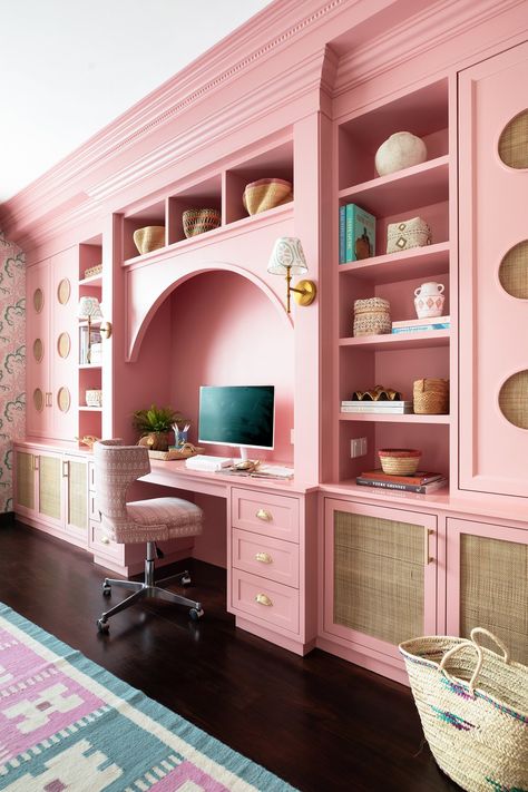 Pink Office Aesthetic Work, Pink Library Aesthetic, Mafia Office, Owners Bedroom, Cloffice Ideas, Built In Desk And Shelves, Blue Castle, Wrapping Station, Southern Traditional