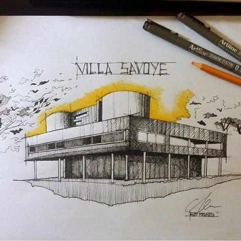 Villa savoye ink + colored pencils Villa Savoye Sketch, Villa Savoye, Architecture Drawing Presentation, Perspective Sketch, Architecture Drawing Sketchbooks, Perspective Drawing Architecture, Architecture Drawing Plan, Concept Models Architecture, Architectural Sketches