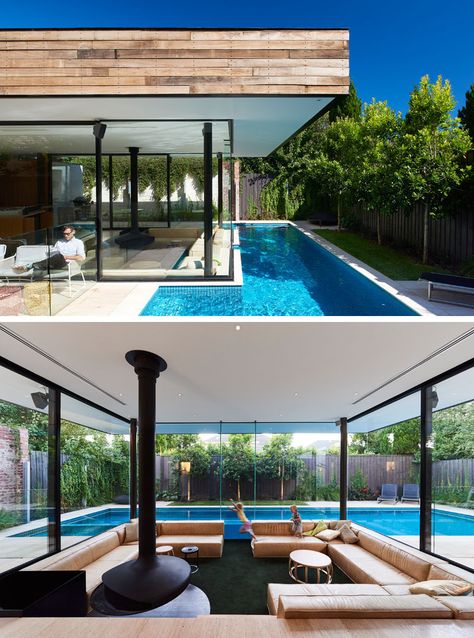 This Australian home features a small lap pool in the backyard and a sunken living room that sits at eye level with the pool. Indoor Pool Design, Swimming Pool Construction, Indoor Pools, Sunken Living Room, Pool Construction, Lap Pool, Outdoor Living Room, Pool Design, Backyard Living