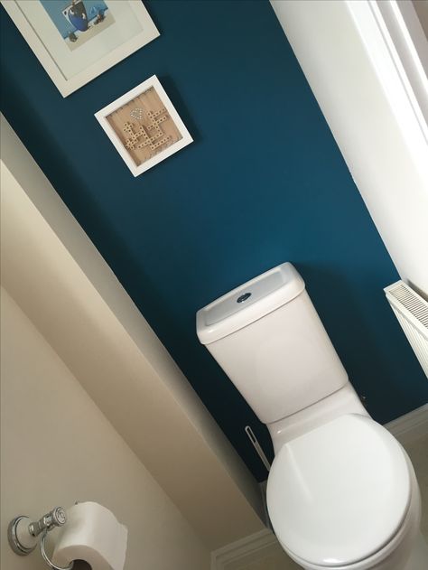 Dulux teal tension, Dunelm vintage toilet roll holder and artwork. Dulux Teal, Cloakroom Toilet Downstairs Loo, Downstairs Toilet Ideas, Wallpaper Accent Wall Bathroom, Small Downstairs Toilet, Cloakroom Toilet, Downstairs Wc, Vintage Toilet, Toilet Ideas