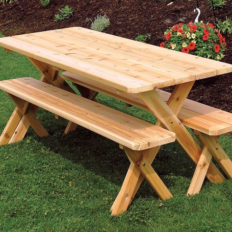 Rowland-Coman Cross-Leg Wooden Picnic Table L Furniture, Cedar Furniture, Picnic Table Bench, Wooden Picnic Tables, Table And Bench Set, Picnic Bench, Bench Set, Mesa Exterior, Western Red Cedar