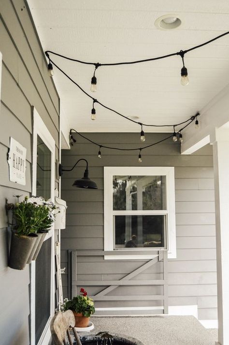 Farmhouse Spring Front Porch, Porch String Lights, Farmhouse Wall Lighting, Future Farmhouse, Front Porch Lighting, Spring Front Porch, Wood Adirondack Chairs, Side Porch, Summer Porch