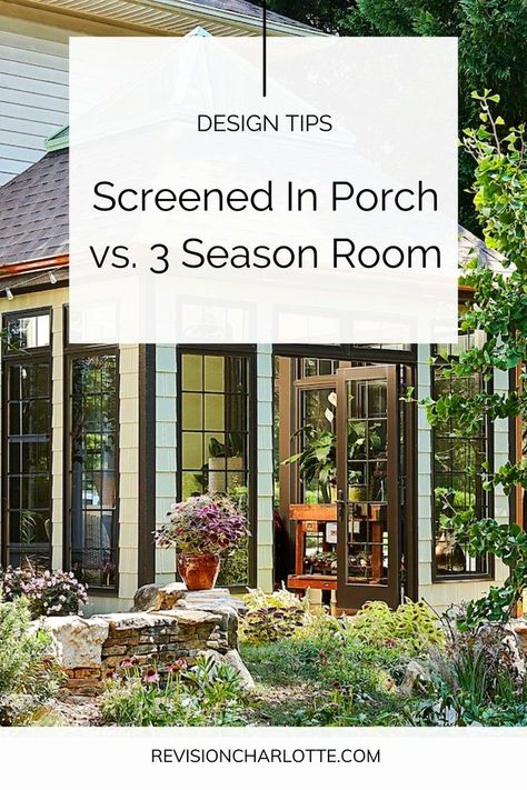 If you’ve decided to expand your living space and turn your deck or patio into additional room in your home, there are three ways to approach it depending on your goals: a screened in porch / screen porch, a three season room, or a four season sunroom. Click through for our tips, plus sunroom ideas and screened in porch ideas and decorating tips. We offer home remodels and design in the Greater Charlotte, North Carolina area. Three Season Porch Ideas, 3 Season Porch Ideas, Screened Front Porches, Screened In Porch Ideas, Outdoor Screen Room, Four Season Sunroom, Screen Porches, 3 Season Porch, All Season Room