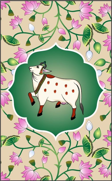 Kamdhenu Cow Wallpaper, Kamdhenu Cow Painting, Pichwai Wallpaper, Cow Background, Kamdhenu Cow, Thesis Ideas, Pichwai Art, Reception Stage, Rajasthani Painting