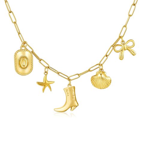 PRICES MAY VARY. Beach Charm Necklace:The Coastal Cowgirl Charm Necklace. Featuring a Cowboy Boot Charm at its core,Bow,Cowboy Hat,Rodeo,Shell,Seashell and Starfish charm,All represent the freedom,grace,and untamed spirit that resides within every ocean lover's soul. Material:Crafted with high-quality stainless steel and 14K Gold Color.hypoallergenic, tarnish-free, Durable and sturdy, won't fade. Cowgirl Necklace Gold：Perfect for any Cowgirl Aesthetic Lover! Coastal Cowgirl Necklace:This Trendy Coastal Cowgirl Jewelry, Coastal Cowgirl Style, Western Baddie, Trendy Summer Jewelry, Beach Charm Necklace, Necklace Choker Gold, Cowgirl Necklace, Aesthetic Lover, Bohemian Boots