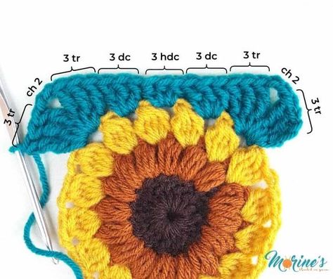 Sunflower Crochet Granny Square Tutorial, Sun Crochet Granny Square Pattern, Granny Square Crochet Pattern Sunflower, Granny Sunflower Squares, Crochet Sunflower Bag Free Pattern, Sunflower Crochet Granny Square, How To Crochet A Sunflower, Sunflower Granny Square Pattern Free, Sunflower Square Crochet Pattern