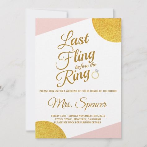 Custom Last Fling before the Ring Gold Bachelorette Party Invitations Templates, Party Invitations Templates, Last Fling Before The Ring, Bachelorette Party Invitations, Announcement Cards, Party Invite Template, Christmas Card Holders, Wedding Color Schemes, The Ring