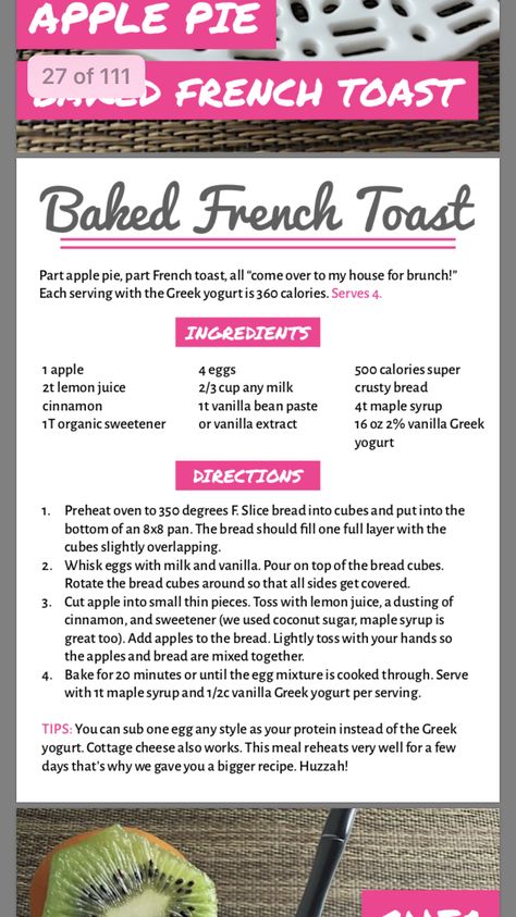 Fit girl French toast Fit Girls Guide Meal Plan, Happy Birthday Fitness, Fit Girl Quotes, Baked Apple French Toast, Fit Girls Guide Recipes, Macro Diet, Apple French Toast, Fit Girls Guide, 28 Day Challenge