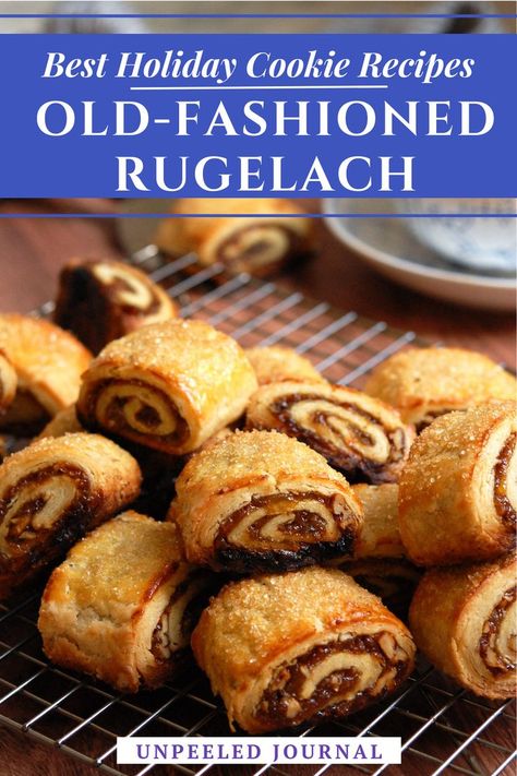 raisin cinnamon rugelach cookie recipe for Hanukkah and Christmas cookies recipe and Christmas baking Rugalah Recipe, Rugelach Recipe Traditional, Rugula Cookies Recipe, Jewish Cookies Recipes, Rugula Cookies, Italian Nut Roll Cookies, Rugalech Recipes, Nut Roll Cookies, Nut Horns