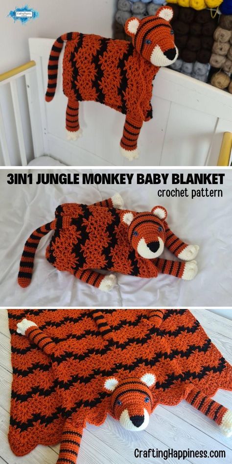 3in1 Jungle Tiger Baby Blanket, it folds into a tiger toy & can be used as decoration for the nursery. Crochet pattern by Crafting Happiness Crochet Jungle Blanket, Funny Blankets, Nursery Crochet, Crochet Kids Blanket, Tiger Blanket, Crochet Tiger, Crochet Funny, Crochet Nursery Decor, Tiger Baby