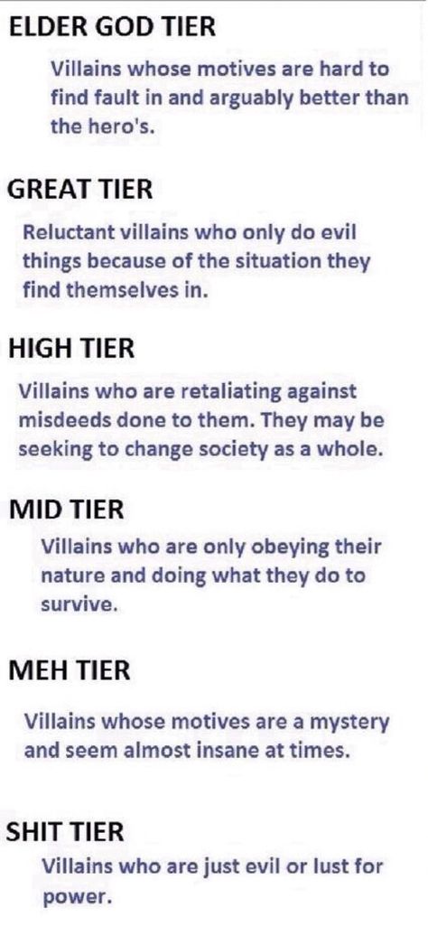 I choose to add a regular god tier of villains with good motives but basically still kill people Good Villain Motives, Good Villain Backstory, Writing A Good Villain, How To Write Good Villains, Reasons To Be A Villain, Creating A Villain, Villain As Main Character, Writing A Villain Protagonist, Villain Plot Ideas