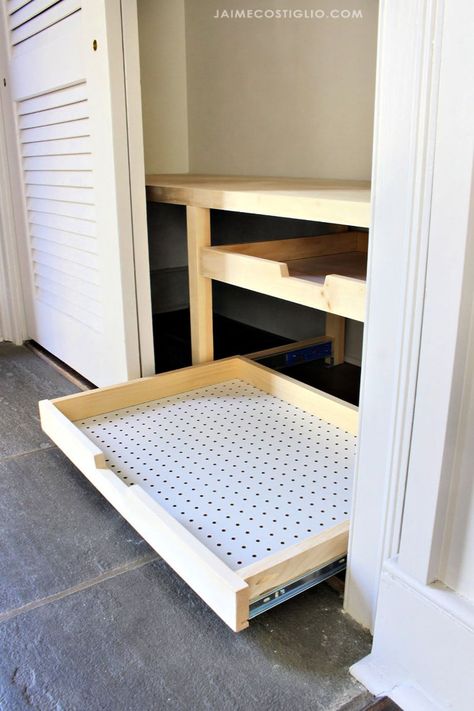 A DIY tutorial to build closet shoe trays. How to add pull out shoe trays to your closet including step by step details and free plans. #organizeit #diy Pull Out Shoe Shelves, Sliding Shoe Drawer, Diy Shoe Rack In Closet, Roll Out Shoe Storage, Slide Out Shoe Storage, Closet Shoe Drawer, Pullout Shoe Rack, Diy Shoe Closet Shelves, Shoe Tray Ideas