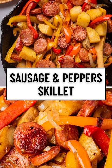 Cook sausage and peppers on the stovetop in about 20 minutes for an easy one pan meal. Enjoy the comforting, savory flavors of sausage with peppers and onions for a healthy weeknight dinner. Sausage Peppers Onions And Potatoes Skillet, Turkey Sausage Peppers And Onions, Sausage And Peppers Side Dish, Quick Sausage Dinner, Peppers And Onions Sausage, Meals With Peppers, Smoked Sausage Recipes Easy, Recipes With Sausage And Peppers, Sausage Peppers Onions And Potatoes