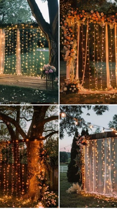 A beautifully decorated backyard wedding setup with string lights, flower arrangements, and DIY photo stations. Backyard October Wedding, Wedding On A Budget Ideas Diy, Wedding Picture Backdrop Ideas, Outdoor Backdrop Ideas, Cheap Outdoor Wedding Ideas, Simple Wedding Arch Ideas, Diy Wedding Photo Backdrop, Backyard Wedding Setup, Tiny Backyard Wedding