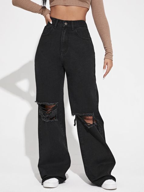 Black Ripped Jeans Outfit, Mommy Jeans, Tomboy Stil, Black Boyfriend Jeans, Boyfriend Jeans Outfit, Black Wide Leg Jeans, Wide Leg Jeans Outfit, Ripped Jeans Outfit, High Waisted Black Jeans