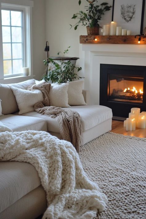 "Add a touch of Hygge to your home with a cozy living room makeover! 🛋️🔥 A great way to create a relaxing and inviting atmosphere. 🌿✨ #HyggeVibes #LivingRoomInspiration #CozyDecor" Hygge Tv Room, Spa Home Decor Living Room, Calming Living Room Ideas Cozy, Living Room Ideas With Cream Couch, Cosy Warm Living Room, Cozy Romantic Living Room, Cozy Clean Living Room, Hygge Family Room, Small Living Room Ideas Farmhouse