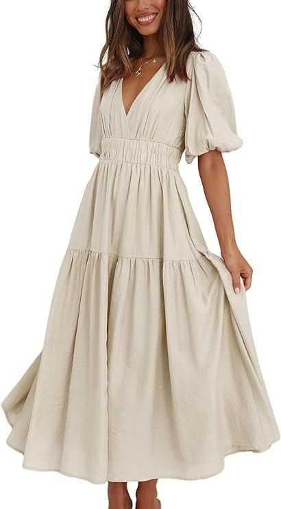 HOULENGS Women's Deep V Neck Puff Short Sleeve Tiered Dress Elastic High Waist Flowy A Line Midi Dresses Apricot Large at Amazon Women’s Clothing store Long Sleeve Flowy Dress, White Dress Women, Sleeve Ruffles, Long Sundress, V Neck Cocktail Dress, Causal Dresses, Puff Dress, Stylish Mom, Warm Dresses