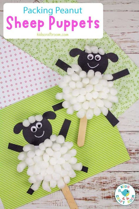 Preschool Lamb Craft Art Projects, Lamb Crafts For Toddlers, Packing Peanuts Crafts, Sheep Puppet, Sheep Craft, Lamb Craft, Library Crafts, Farm Animal Crafts, Fluffy Sheep