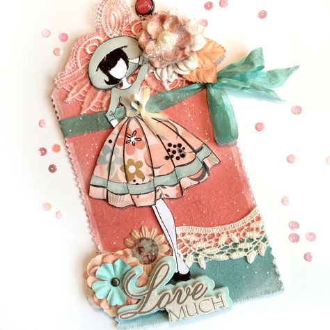 Audrey Julie Nutting Doll Tag by Jackie Benedict ~ Coral & Teal ~ Shabby Chic! Tim Holtz Paper Dolls Ideas, Calander Ideas, Prima Doll Stamps Ideas, Julie Nutting Prima Dolls Ideas Handmade Cards, Julie Nutting Tags, Prima Paper Dolls, Prima Doll Stamps, Julie Nutting, Handmade Gift Tags